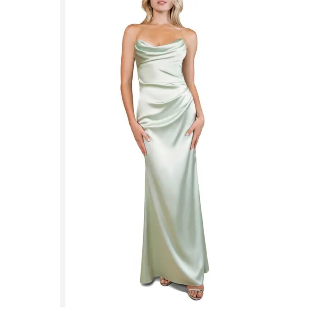 Katie May Taylor Seafoam Strapless Satin Gown - Size Large